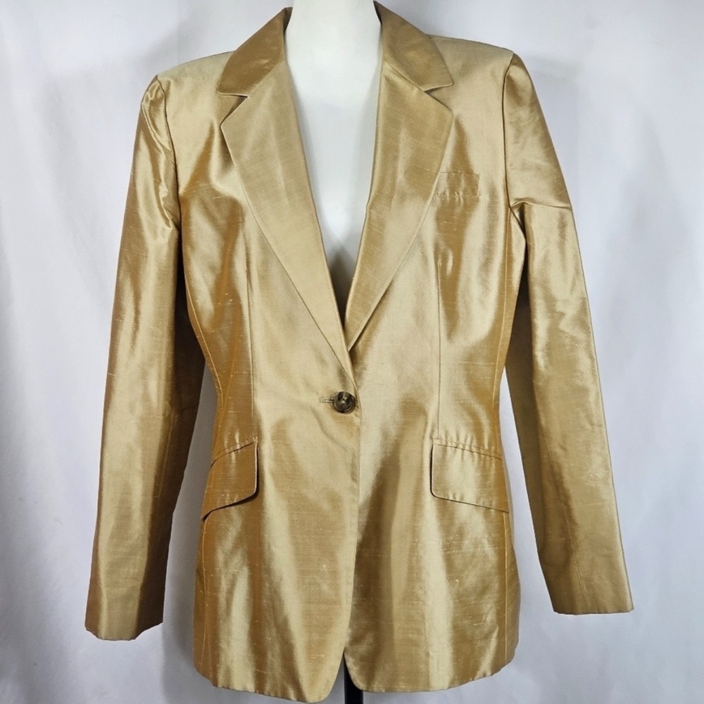 EUC Linda Allard Ellen Tracy Single Button Slant-Pocket Silk Blazer, Gold, Sz 12